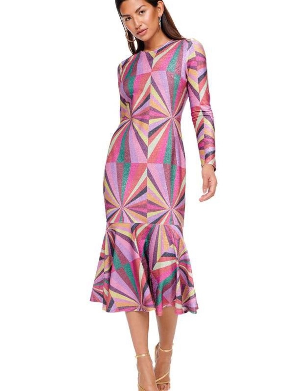 Never Fully Dressed Pink Geometric Midi Dress with Ruffle Hem